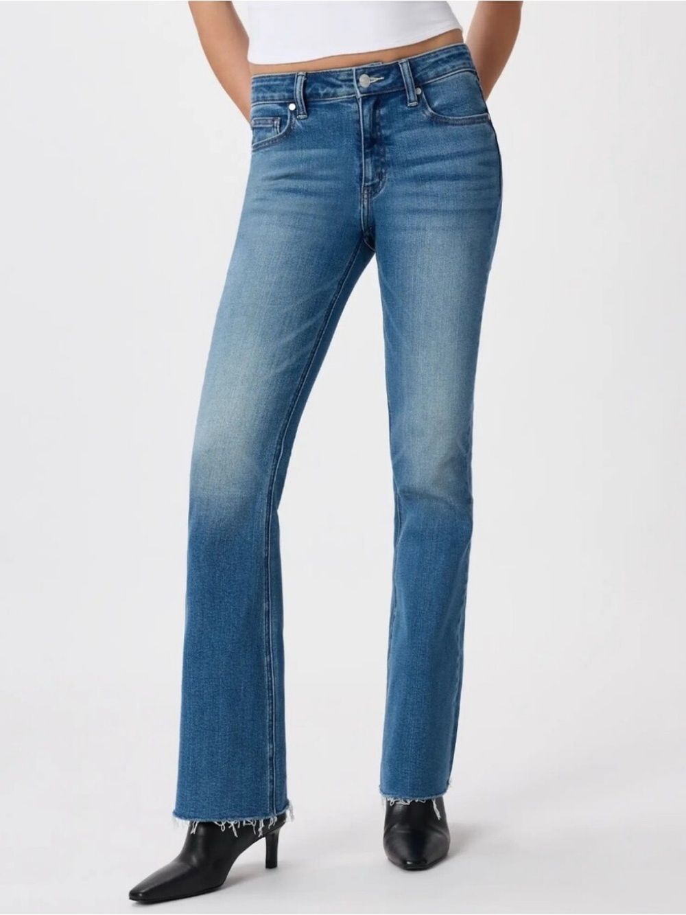 Quince Luna Stretch Flare Jeans Twilight Blue Fray Hem 31